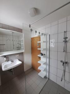 a bathroom with a sink and a shower and a mirror at #hostFLACHAU1 in Flachau +9 photos