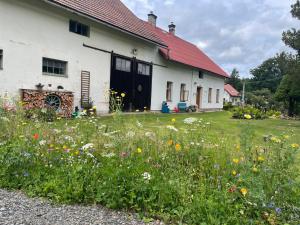 a house with a field of flowers in front of it at Na chalupu do Líšnice in Líšnice