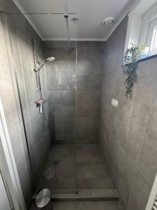 a bathroom with a shower with a glass door at Spacious house next to the mill! in Westkapelle +9 photos