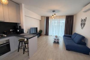 a kitchen and living room with a blue couch in a room at Sphynx Apartment Pipera in Voluntari