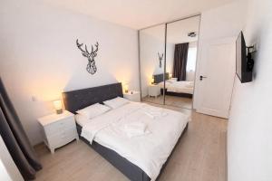 a bedroom with a large bed and a mirror at Sphynx Apartment Pipera in Voluntari