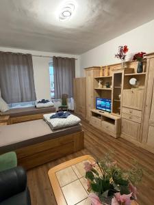 a living room with two beds and a television at Frisch sanierte Ferienwohnung in Grabow in Grabow