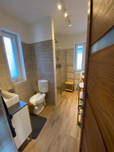 a bathroom with a toilet and a sink and a shower at Aura Vendégház in Révfülöp +71 photos