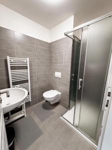 a bathroom with a shower and a toilet and a sink at District B Apartments in Brno
