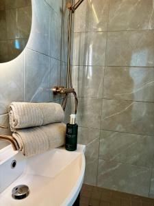 a bathroom with a sink with a soap dispenser on it at Mystical Lapland Suite in Rovaniemi