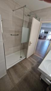 a bathroom with a shower with a glass door at NRAR Hotel Hirschen in Beromünster