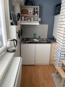 a small kitchen with a sink and a counter at Liten leilighet med to soverom in Valberg
