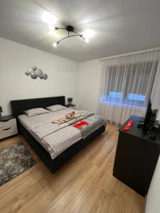 a bedroom with a large bed and a window at Emanuela Apartments in Pecica Veche