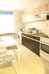 a kitchen with a sink and a stove top oven at Lama Rooms in Warsaw