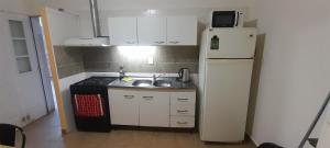 a small kitchen with a refrigerator and a sink at Depto B in Rincon de los Sauces