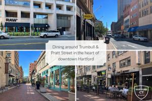 a city street with people sitting at tables on the sidewalk at Trumbull Apartments Elevator WI-FI XL CENTER Hartford CT in Hartford