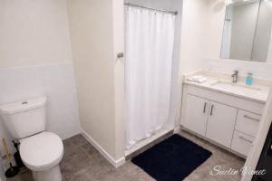 a bathroom with a toilet and a sink and a shower at Trumbull Apartments Elevator WI-FI XL CENTER Hartford CT in Hartford +23 photos