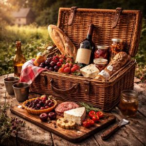 a picnic basket with food and wine on a table at Auberge de la Poterne in Moncontour +18 photos