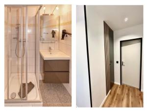 two pictures of a bathroom with a shower and a sink at Terrassenhaus, FeWo 45 in Duhnen +11 photos