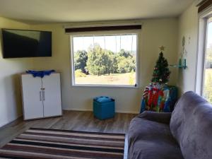 a living room with a couch and a christmas tree at Hospedaje Campestre Ranco Naturaleza - Desayuno incluido in Lago Ranco