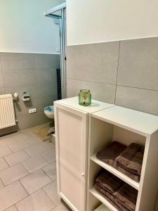 a bathroom with a toilet and a white cabinet at FeWo Gretl Stauden in Walkertshofen