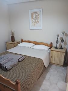 a bedroom with two beds and two lights on the wall at Anastasios Room's in Olympic Beach