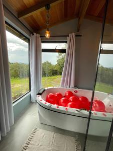 a bath tub in a room with a window at Eco Tiny Latitude 28 in Urubici