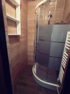 a shower with a glass door in a bathroom at Chmurka in Bęczków