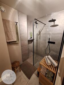 a shower with a glass door in a bathroom at Appartement Sealight in De Haan +19 photos