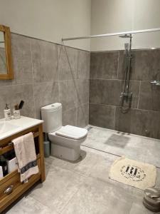 a bathroom with a shower and a toilet and a sink at Villa Paula II in Ranchos +7 photos