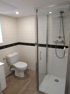 a bathroom with a toilet and a glass shower at Appartement meublé, Le 37bis in Bolbec