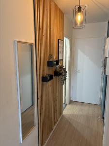 a hallway with a mirror and a white door at Studio à Gaillard in Gaillard