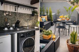 a kitchen and an outdoor patio with a table and chairs at Tirella Home in Modica