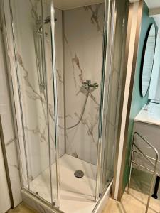 a shower with a glass enclosure in a bathroom at Grand studio avec terrasse in Saint-Marcel-lès-Valence