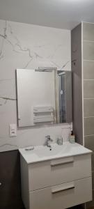 a bathroom with a sink and a mirror at Appartement Escale Roz Pleine vue sur le Port in Perros-Guirec +11 photos