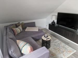 a living room with a couch and a flat screen tv at Moderne Ferienwohnung in Hainichen in Hainichen +5 photos
