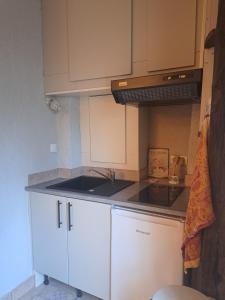 a kitchen with white cabinets and a sink at Logis du Bourg in Puy-lʼÉvêque +4 photos