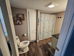 a small bathroom with a toilet and a window at Moores Crystal Mountain Retreat in Thompsonville +26 photos