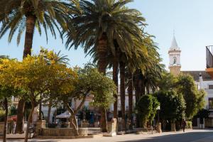 a street with palm trees and a clock tower at Luz del Guadiana in Ayamonte