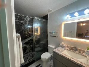 a bathroom with a shower and a toilet and a sink at Joel's Place in Lake Wales