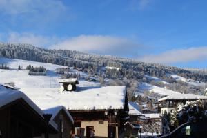 a snow covered town with a mountain in the background at Le Chalet d'Antoine - Centre de Megève in Megève