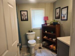a bathroom with a white toilet and a window at Less is Moore in Thompsonville +21 photos