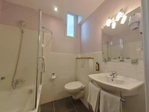 a bathroom with a sink and a toilet and a shower at Urban Style, Hôtel Le Cheval Noir, Saint-Étienne in Saint-Étienne +27 photos