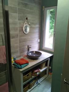a bathroom with a sink and a mirror at Moulin Barrat in Le Veurdre