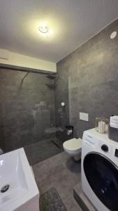a bathroom with a shower and a toilet and a sink at Moderne 3-Zimmer-Wohnung mit separatem Eingang in Donauwörth