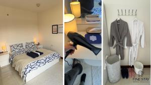 two pictures of a bedroom with a bed and clothes at Modern 2BR Duplex in New Cairo Quiet Area, Balcony & Fast WiFi in Cairo +15 photos