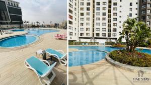 two pictures of a hotel pool with chairs and a building at Modern 2BR Duplex in New Cairo Quiet Area, Balcony & Fast WiFi in Cairo
