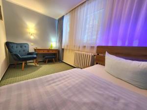 a hotel room with a bed and a chair and a desk at Pension Am Nationalpark in Stadt Wehlen +103 photos