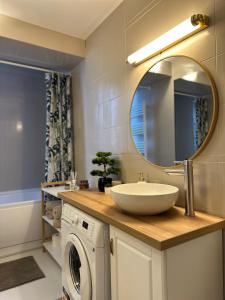 a bathroom with a sink and a washing machine at Cozy Apartment D&D in Topliţa