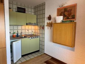a small kitchen with green cabinets and a sink at Casa Vacanze S&B in Viola
