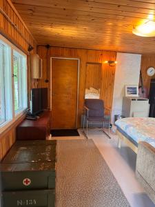 a room with a bedroom with a bed and a television at Nordic Experience Nuuksio Sauna in Nuuksio