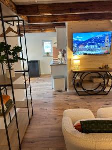 a living room with a large television on a wall at Chalet Lilienstein, Dachgeschoß-Studio neu 2026 in Königstein an der Elbe