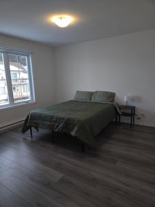 a bedroom with a bed with a green blanket on it at Appartement de 2 chambre à la baie in Saguenay