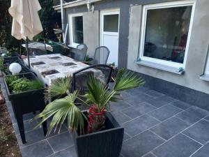 a patio with a table and some plants at Haus Bergrose in Busenborn