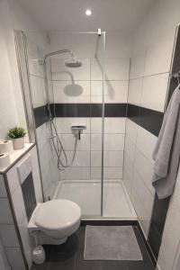 a bathroom with a shower and a toilet and a tub at Quartier An der Rennbahn in Bremen +12 photos